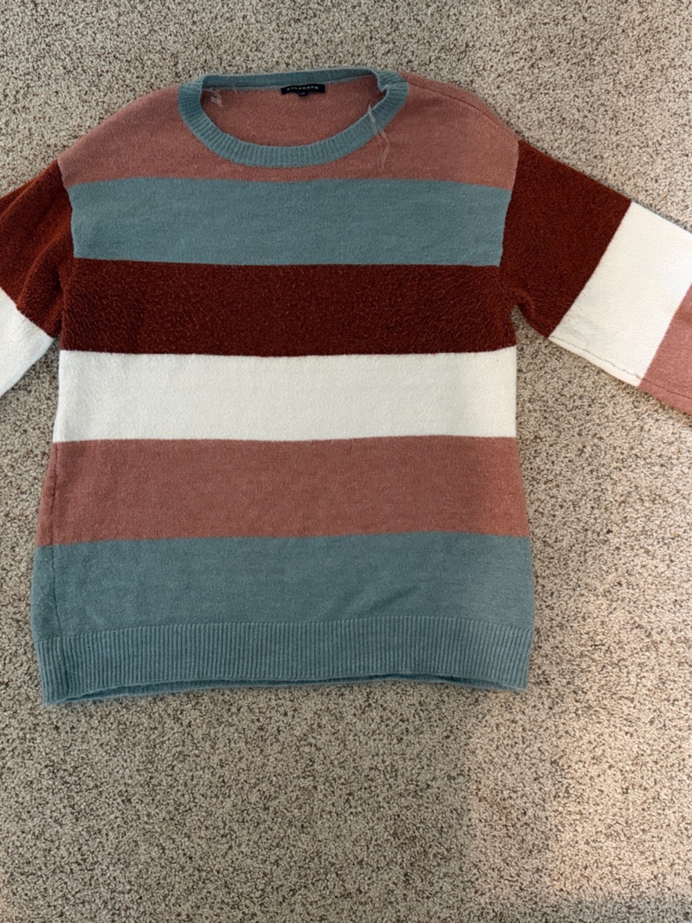Staccato Multi-Stripe Crewneck Sweater in Dusty Blue, Rust & Cream